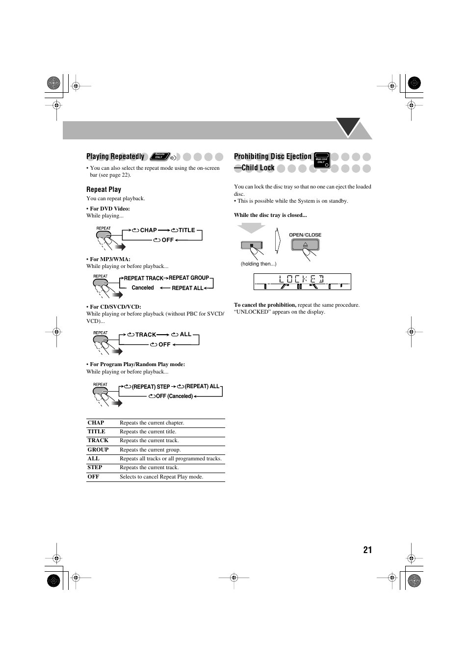 Playing repeatedly, Prohibiting disc ejection —child lock | JVC CA-MXJE3 User Manual | Page 23 / 48