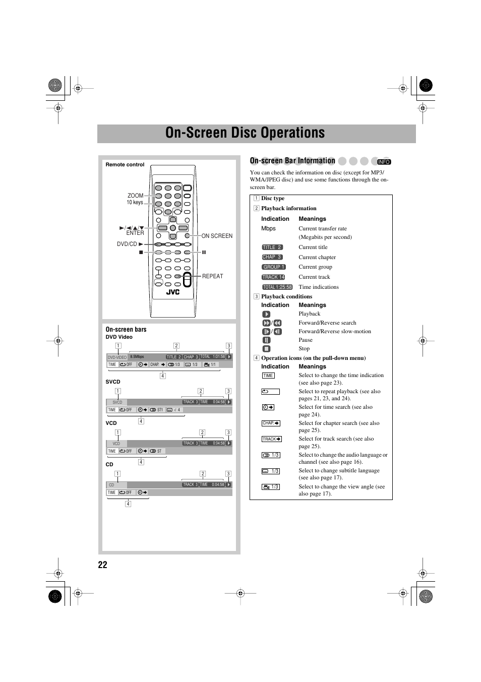 On-screen disc operations, On-screen bar information | JVC CA-MXJE3 User Manual | Page 24 / 48