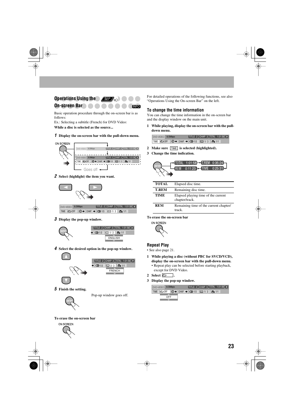 Operations using the on-screen bar, Repeat play, Goes off | JVC CA-MXJE3 User Manual | Page 25 / 48