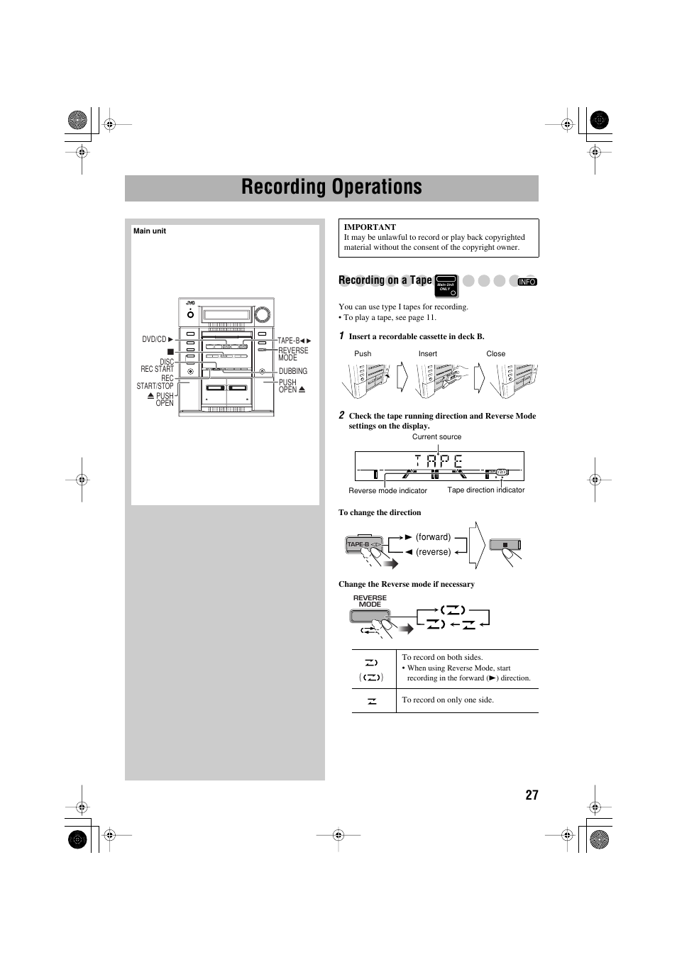 Recording operations, Recording on a tape | JVC CA-MXJE3 User Manual | Page 29 / 48