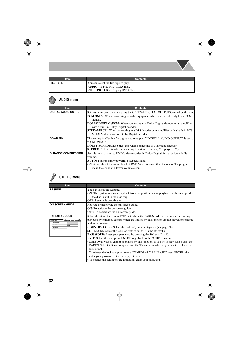 Audio menu, Others menu | JVC CA-MXJE3 User Manual | Page 34 / 48