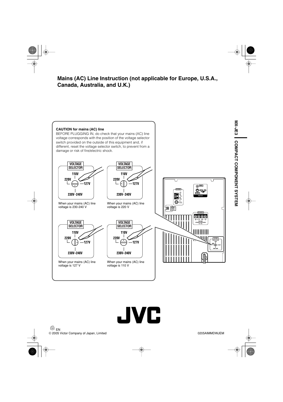 Mx-je3 compact component system, Voltage selector | JVC CA-MXJE3 User Manual | Page 48 / 48