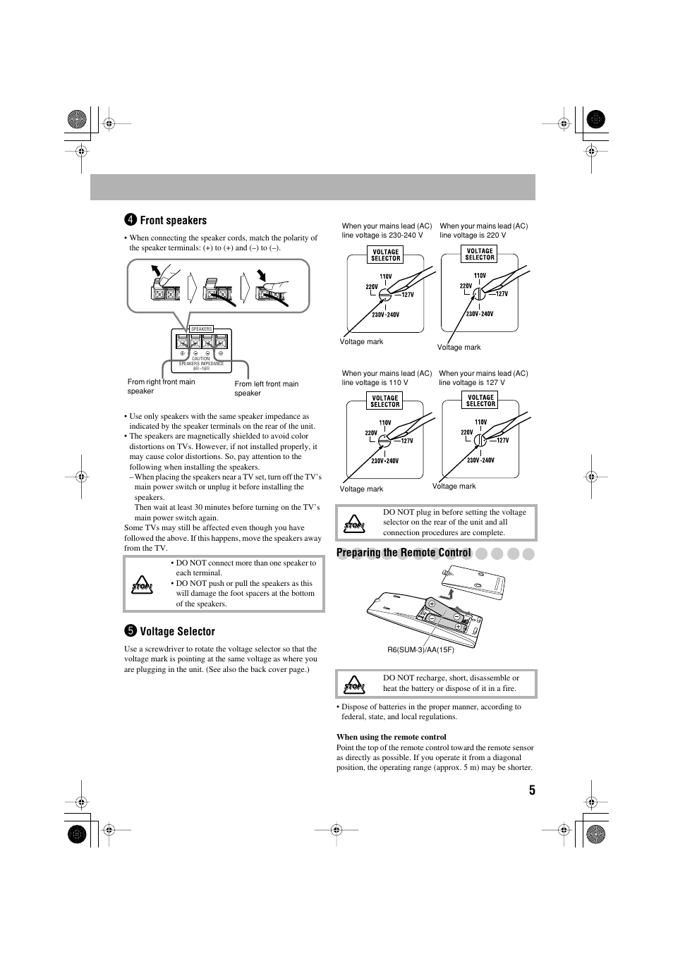 Front speakers, Voltage selector, Preparing the remote control | JVC CA-MXJE3 User Manual | Page 7 / 48