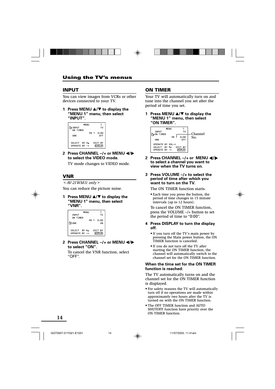Input, On timer | JVC AV-21WM11 User Manual | Page 14 / 24