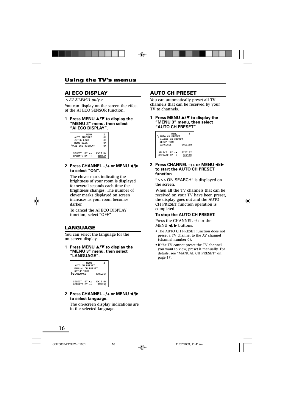 Auto ch preset, Ai eco display, Language | Using the tv’s menus | JVC AV-21WM11 User Manual | Page 16 / 24