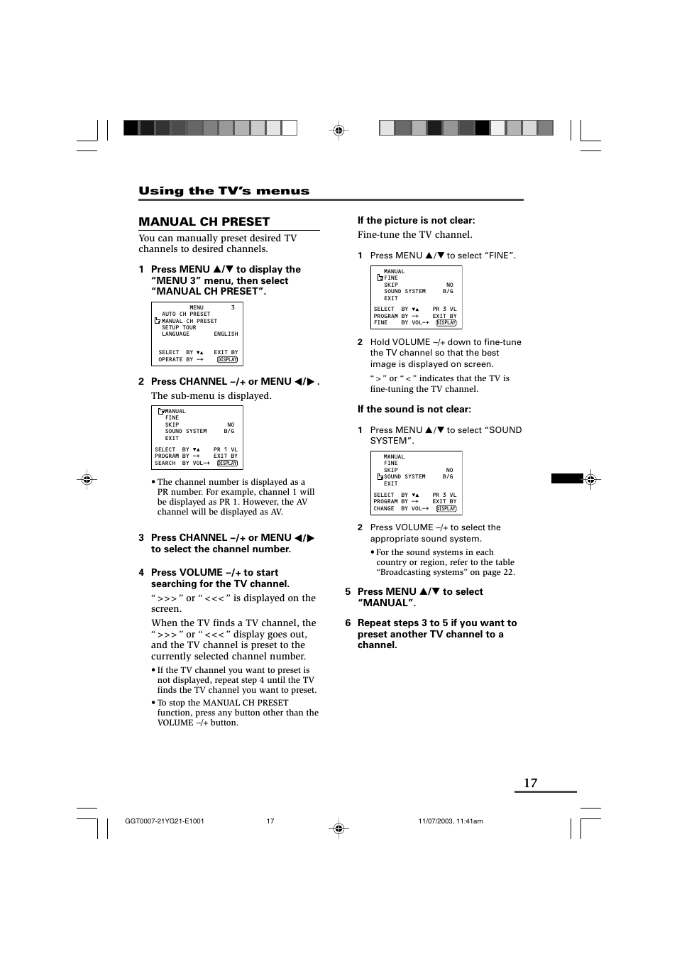 Manual ch preset, Using the tv’s menus | JVC AV-21WM11 User Manual | Page 17 / 24