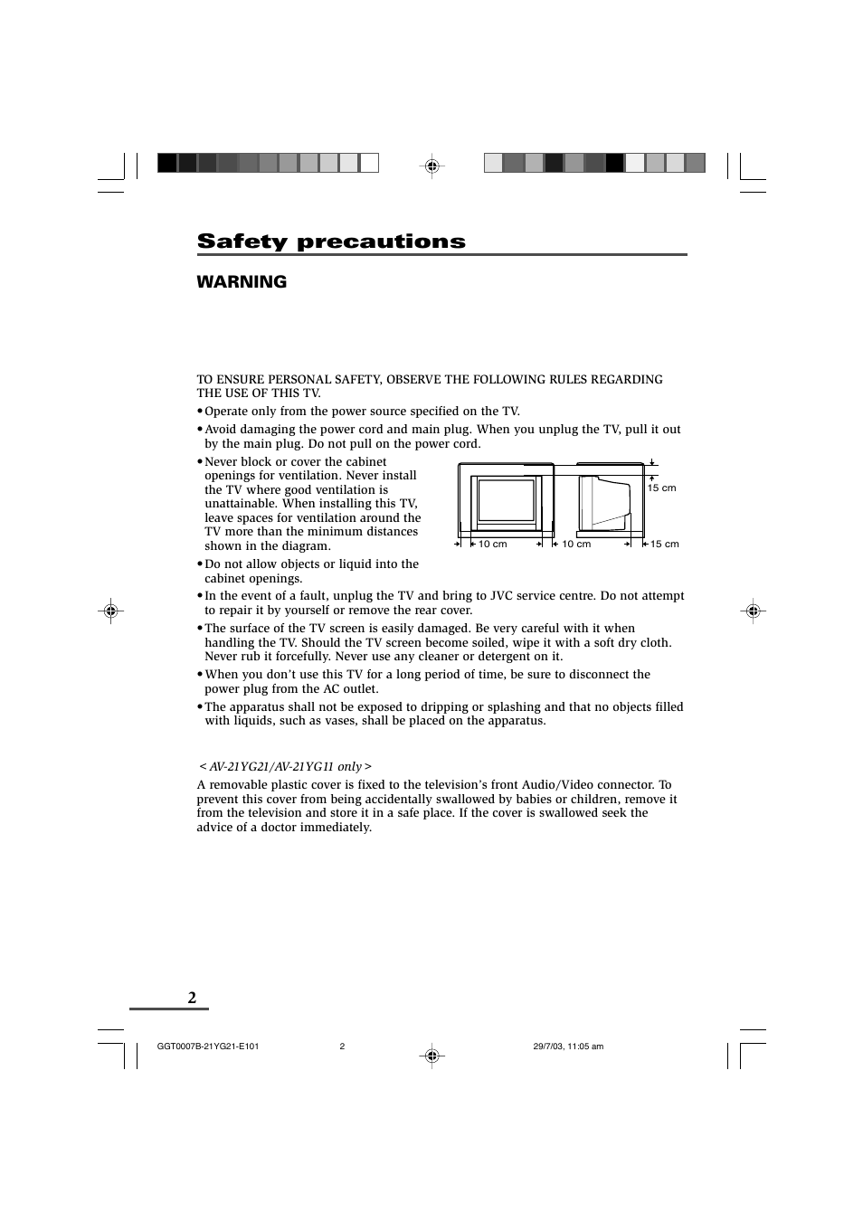 Safety precautions, Warning | JVC AV-21WM11 User Manual | Page 2 / 24