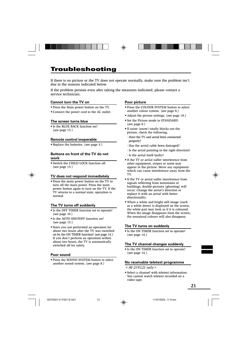 Troubleshooting | JVC AV-21WM11 User Manual | Page 21 / 24