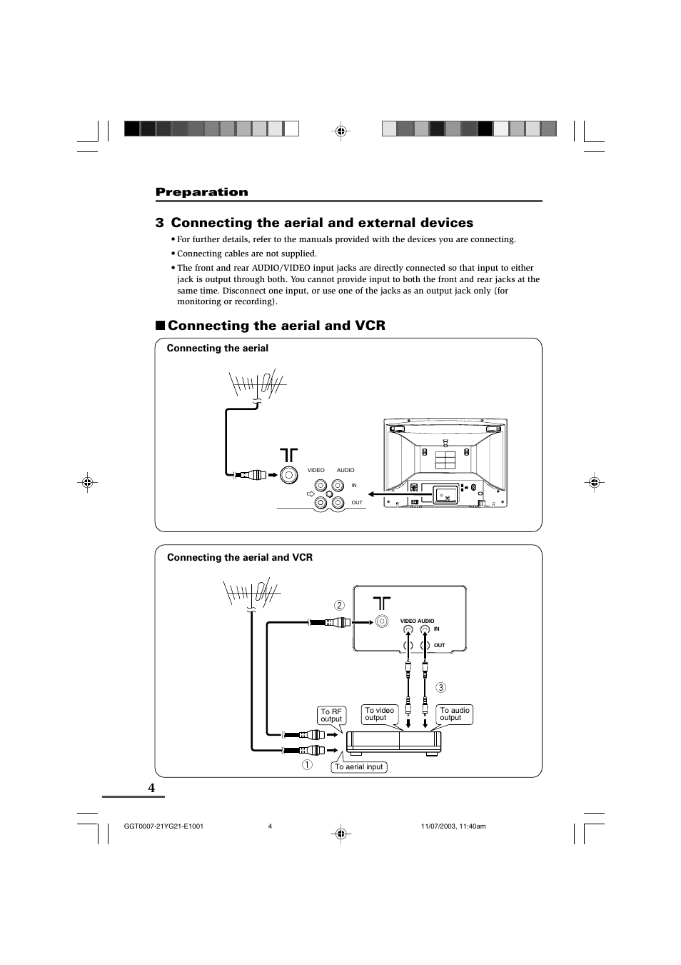 3 connecting the aerial and external devices, Connecting the aerial and vcr, Preparation | 32 vcr | JVC AV-21WM11 User Manual | Page 4 / 24