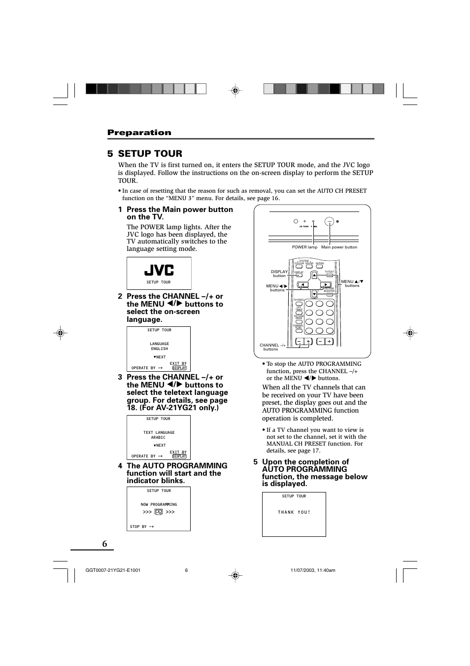 5 setup tour, Preparation, 1 press the main power button on the tv | JVC AV-21WM11 User Manual | Page 6 / 24