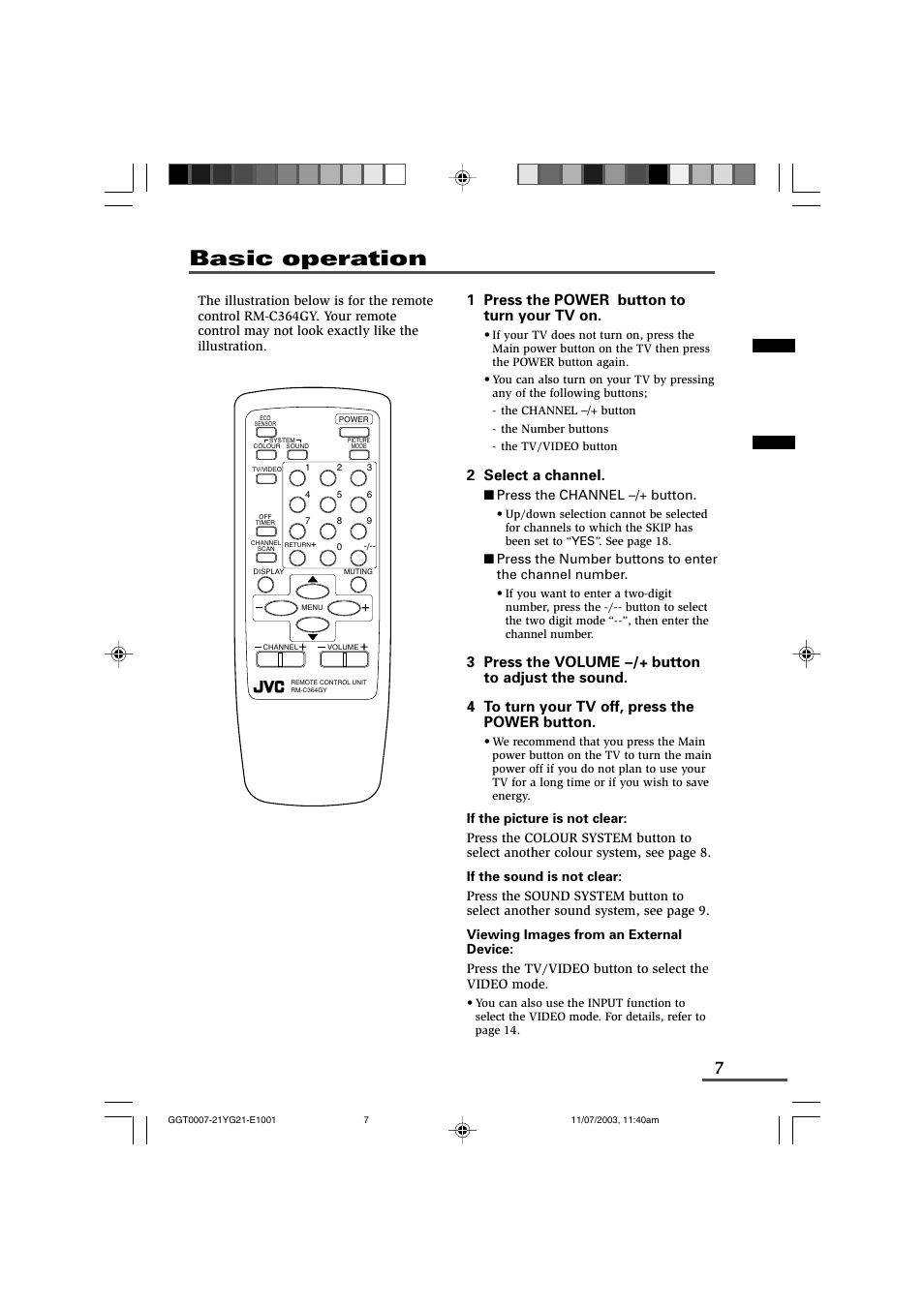 Basic operation, 1 press the power button to turn your tv on, 2 select a channel | JVC AV-21WM11 User Manual | Page 7 / 24