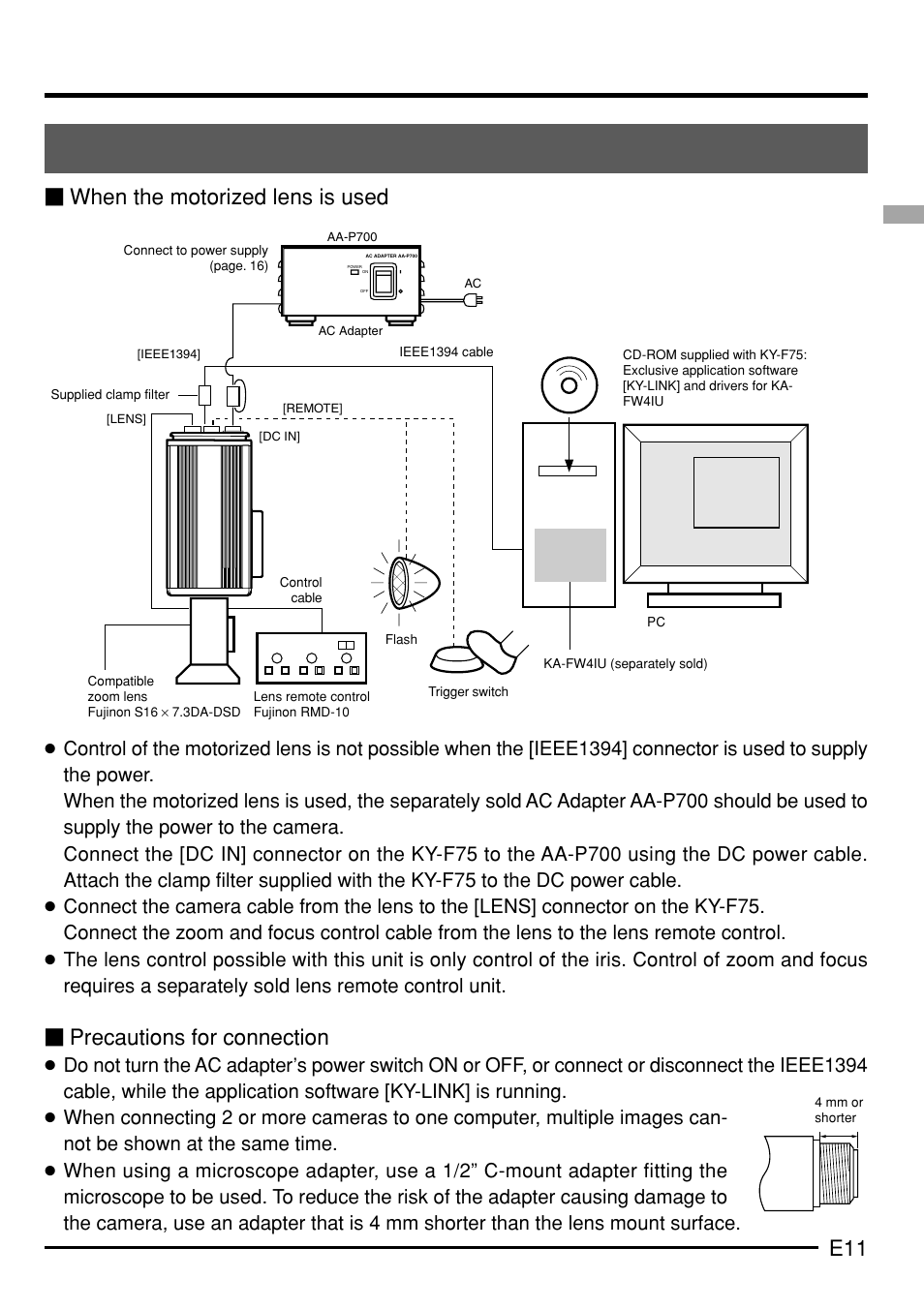 E11 Ⅵ when the motorized lens is used, Precautions for connection | JVC KY-F75 User Manual | Page 15 / 52