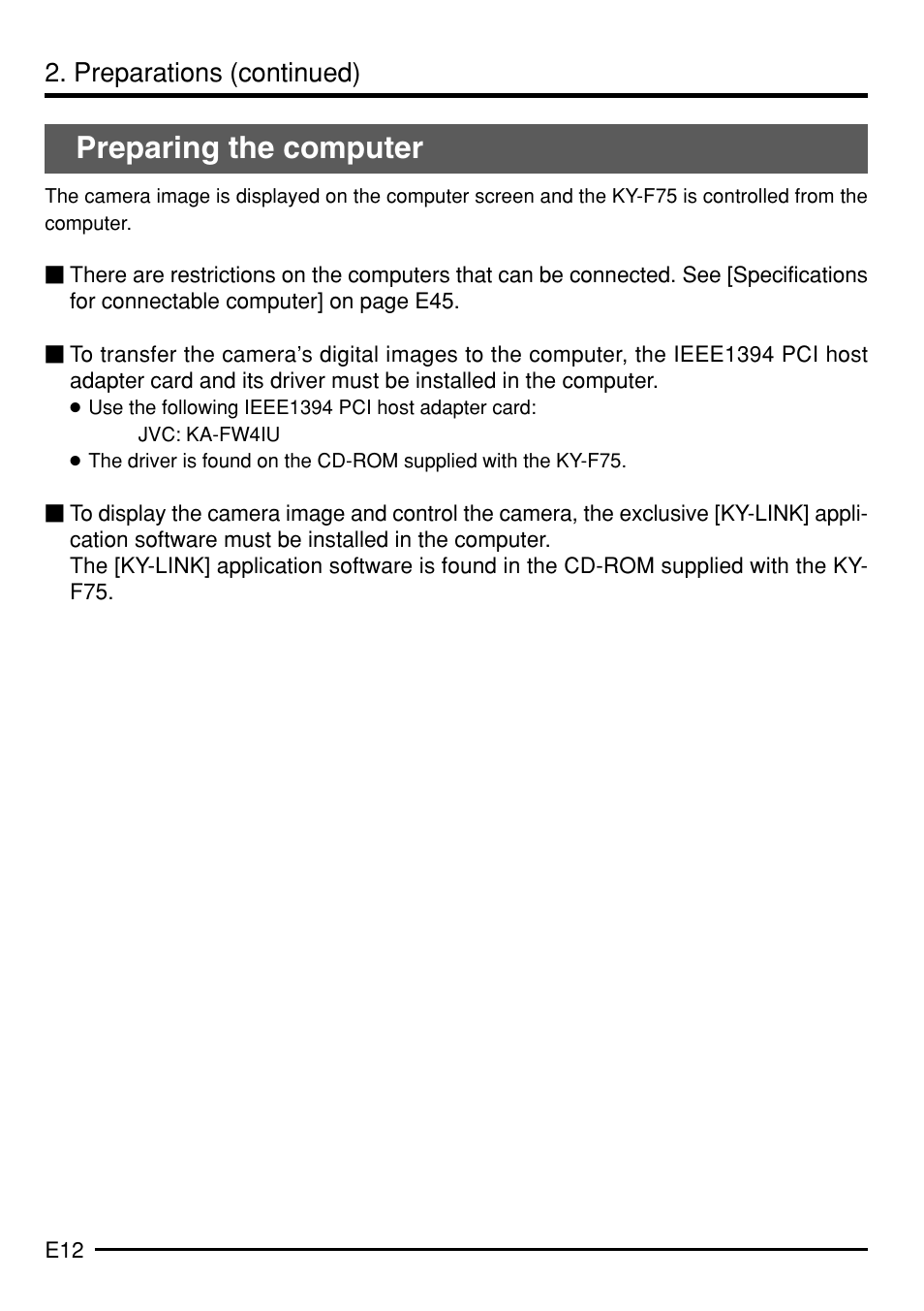 Preparing the computer, Preparations (continued) | JVC KY-F75 User Manual | Page 16 / 52