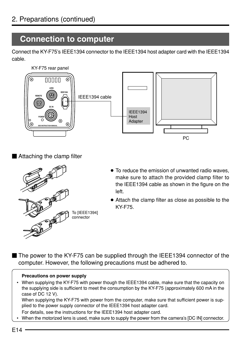 Connection to computer, Preparations (continued), Attaching the clamp filter | JVC KY-F75 User Manual | Page 18 / 52