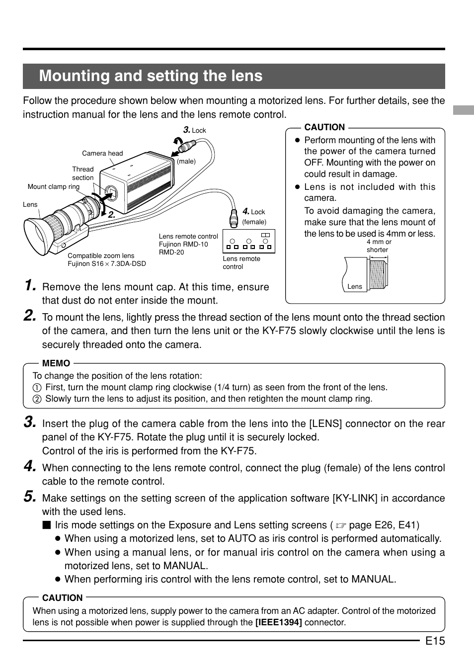 Mounting and setting the lens | JVC KY-F75 User Manual | Page 19 / 52