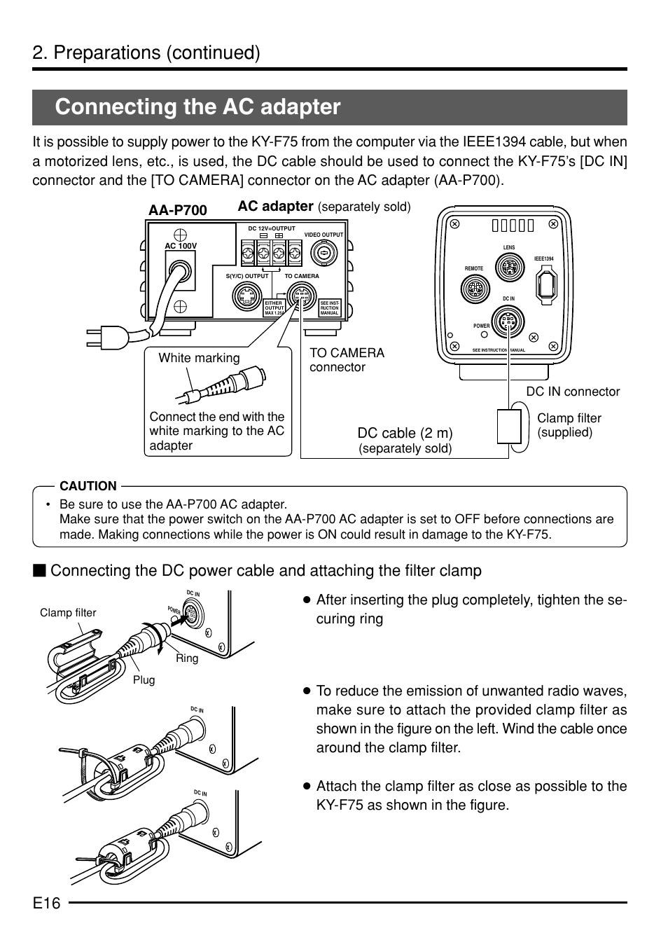 Connecting the ac adapter, Preparations (continued), Aa-p700 | Ac adapter, Dc cable (2 m) | JVC KY-F75 User Manual | Page 20 / 52