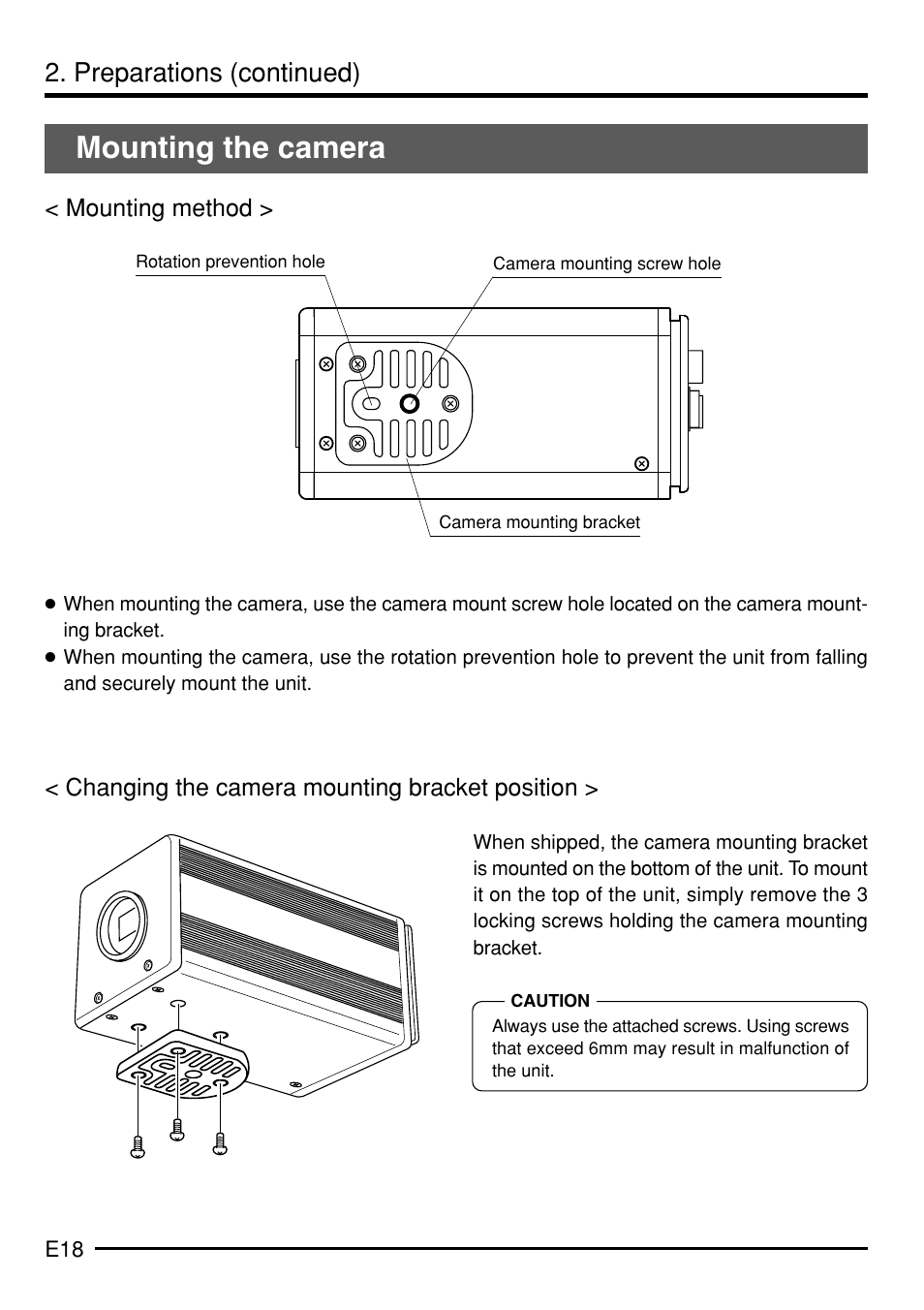 Mounting the camera, Preparations (continued) | JVC KY-F75 User Manual | Page 22 / 52