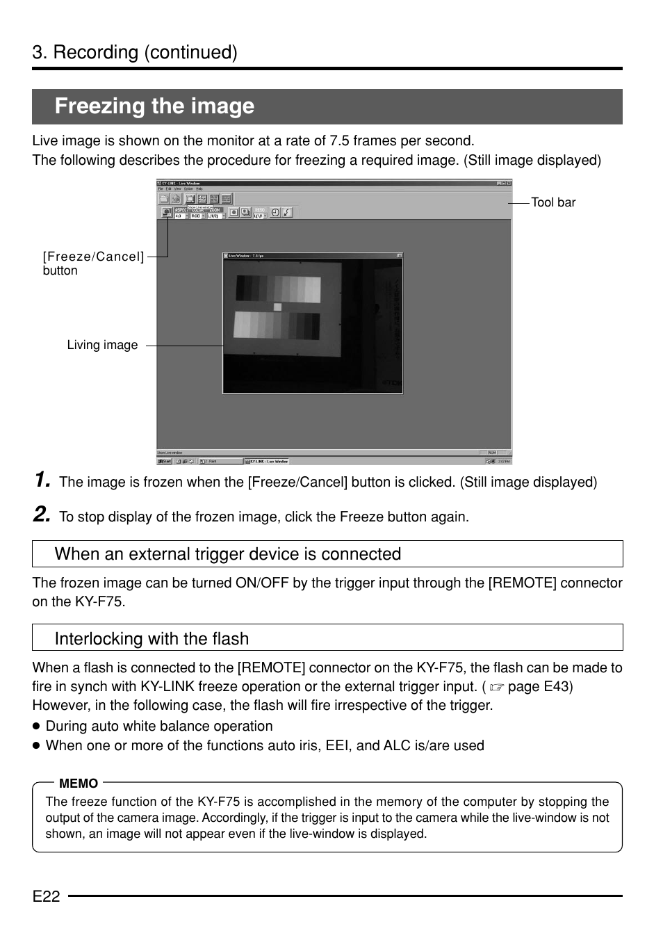 Freezing the image, Recording (continued) | JVC KY-F75 User Manual | Page 26 / 52