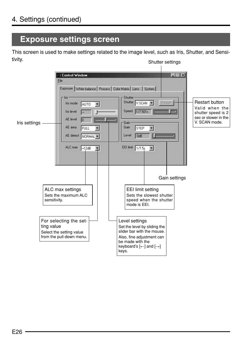 Exposure settings screen, Settings (continued) | JVC KY-F75 User Manual | Page 30 / 52