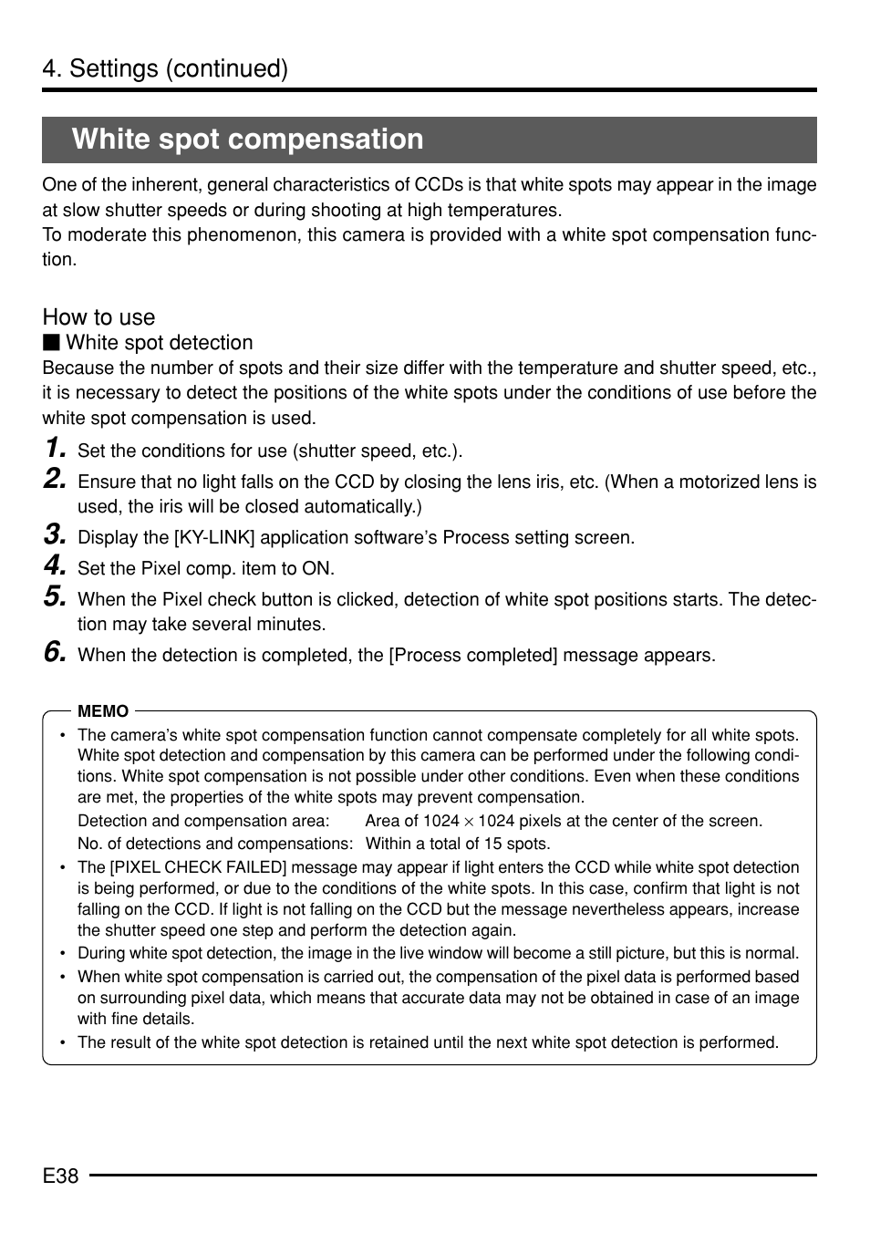 White spot compensation, Settings (continued) | JVC KY-F75 User Manual | Page 42 / 52
