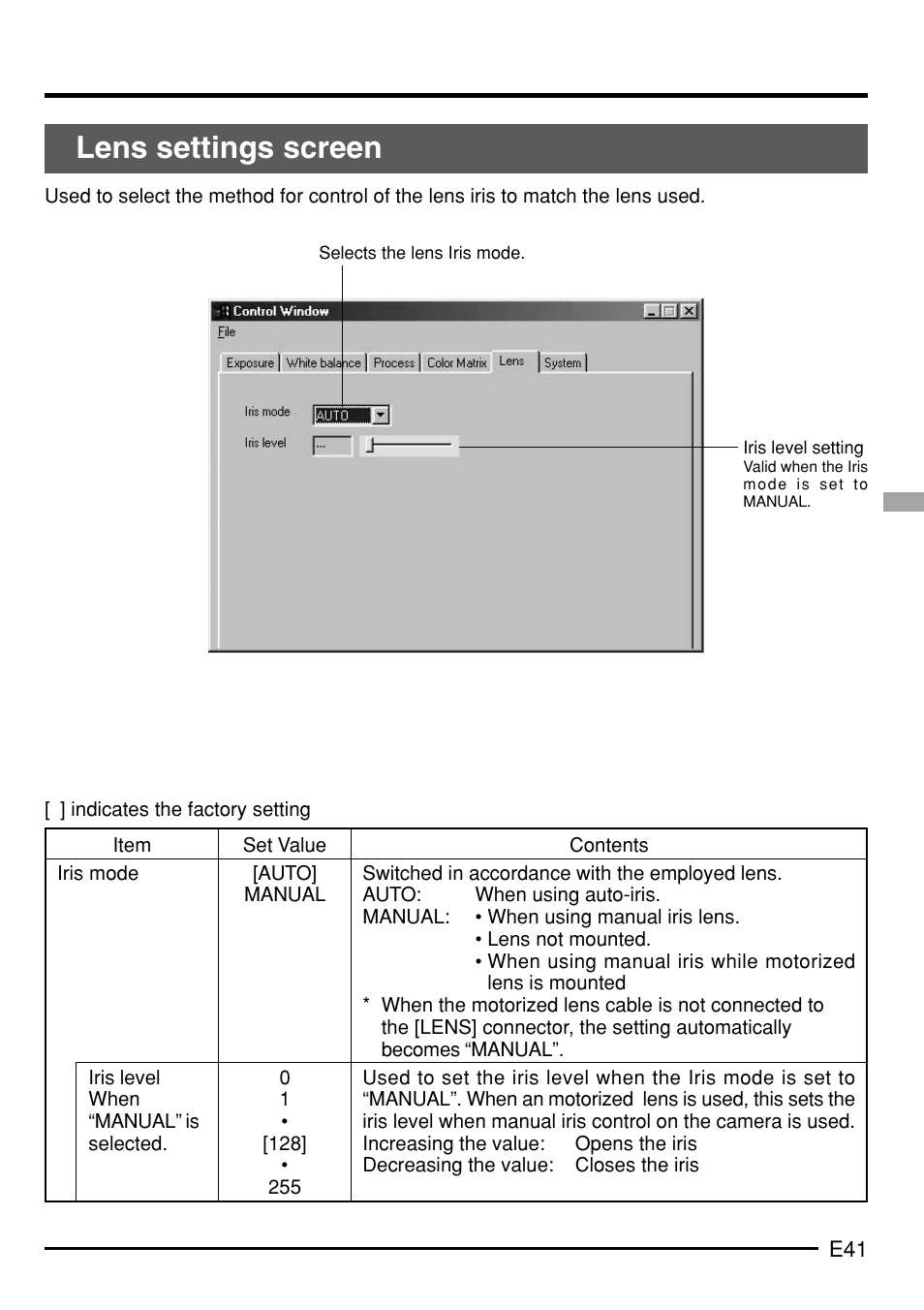 Lens settings screen | JVC KY-F75 User Manual | Page 45 / 52