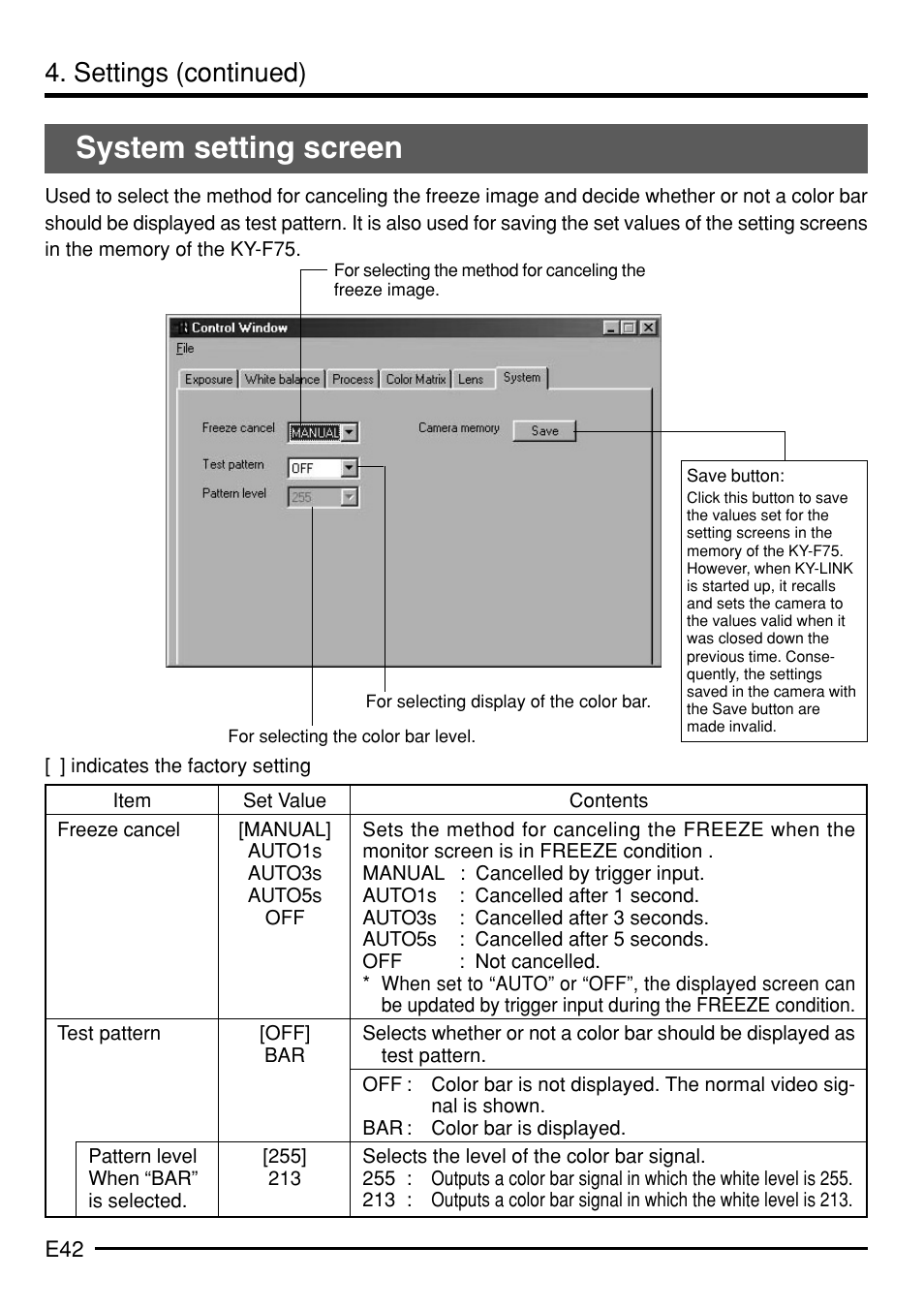 System setting screen, Settings (continued) | JVC KY-F75 User Manual | Page 46 / 52