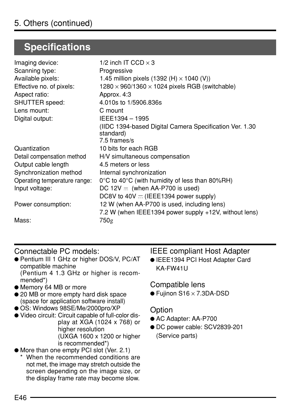Specifications, Others (continued), Connectable pc models | Ieee compliant host adapter, Compatible lens, Option | JVC KY-F75 User Manual | Page 50 / 52