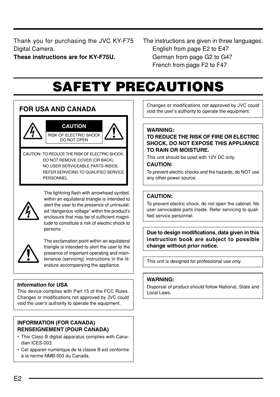 Safety precautions, For usa and canada | JVC KY-F75 User Manual | Page 6 / 52