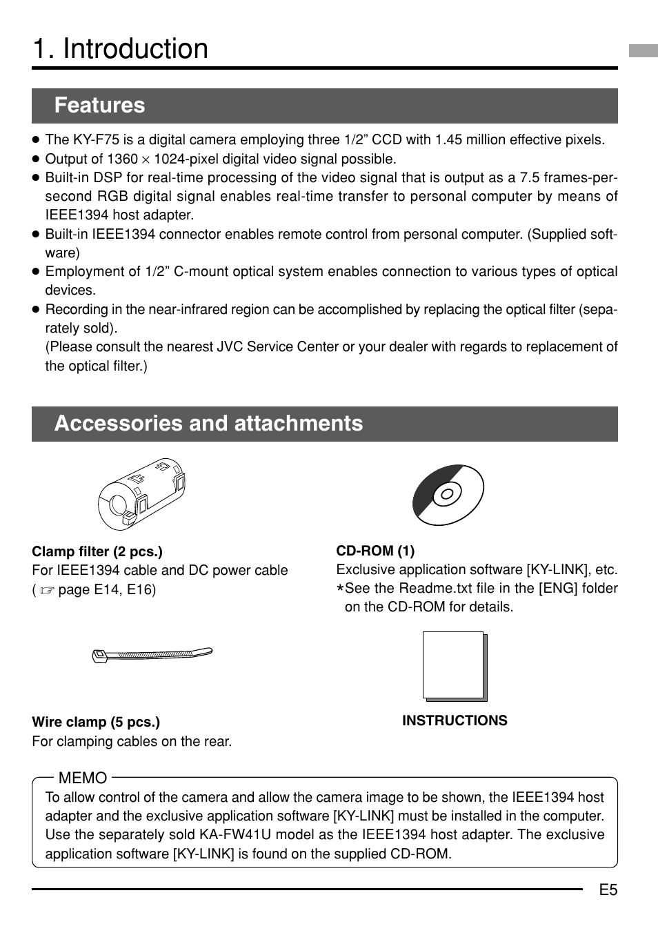 Introduction, Features, Accessories and attachments | JVC KY-F75 User Manual | Page 9 / 52