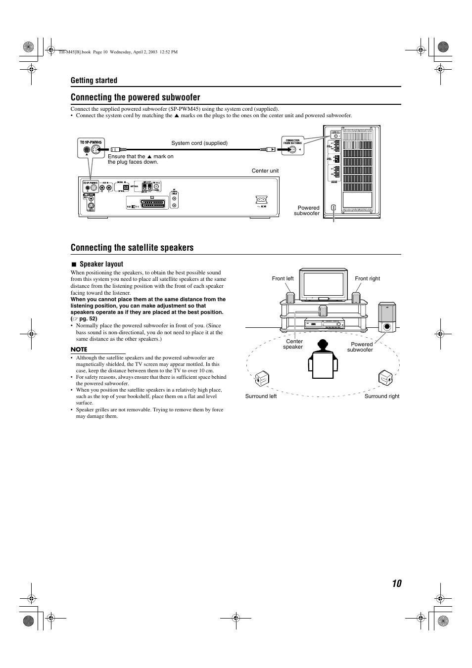 A pg. 10, Connecting the powered subwoofer, Connecting the satellite speakers | JVC xv-thm45 User Manual | Page 15 / 68