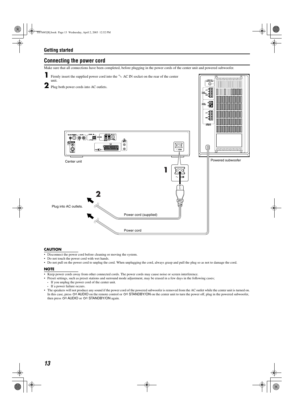 A pg. 13, Connecting the power cord | JVC xv-thm45 User Manual | Page 18 / 68
