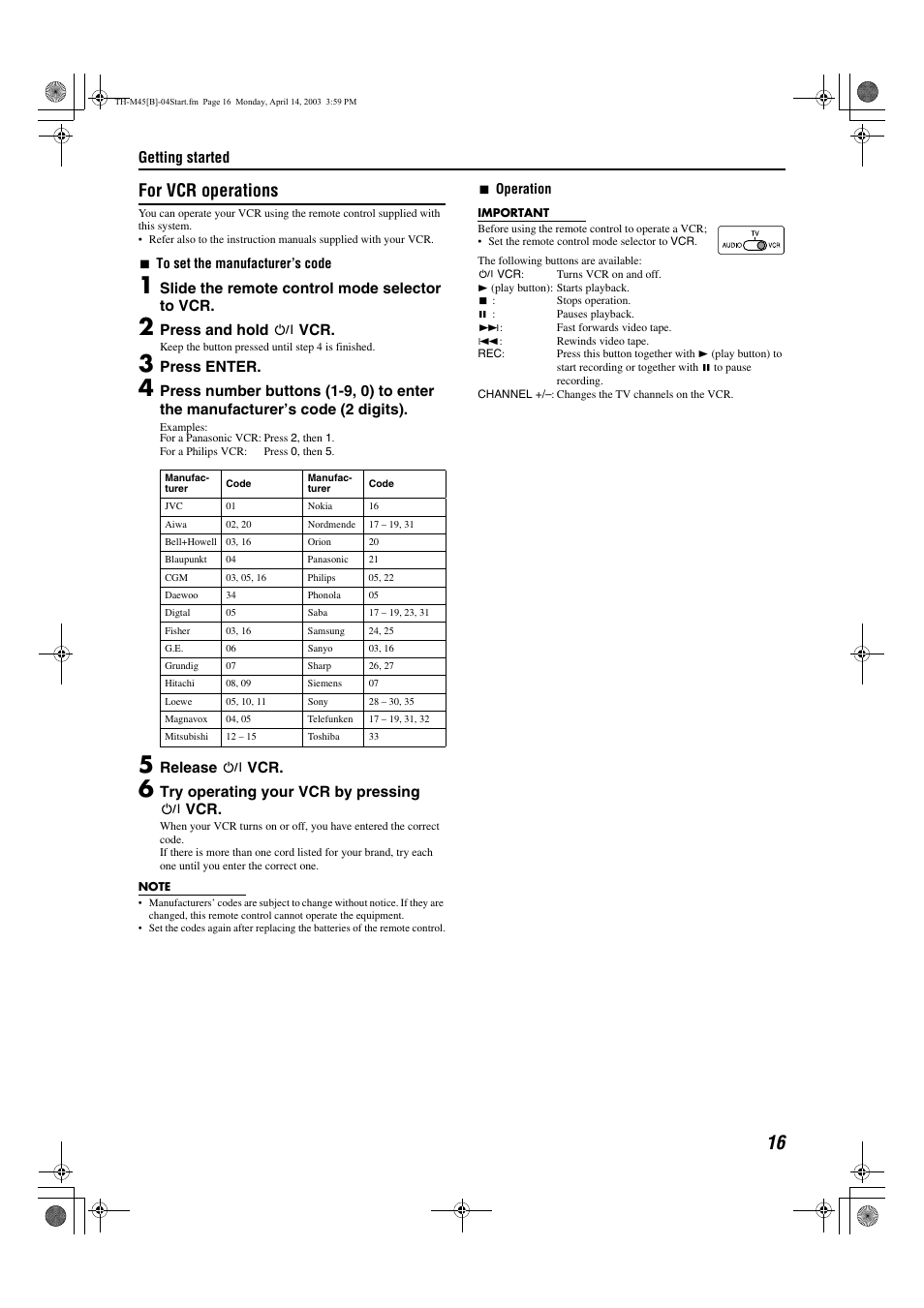 A pg. 16, A pg. 16), For vcr operations | JVC xv-thm45 User Manual | Page 21 / 68