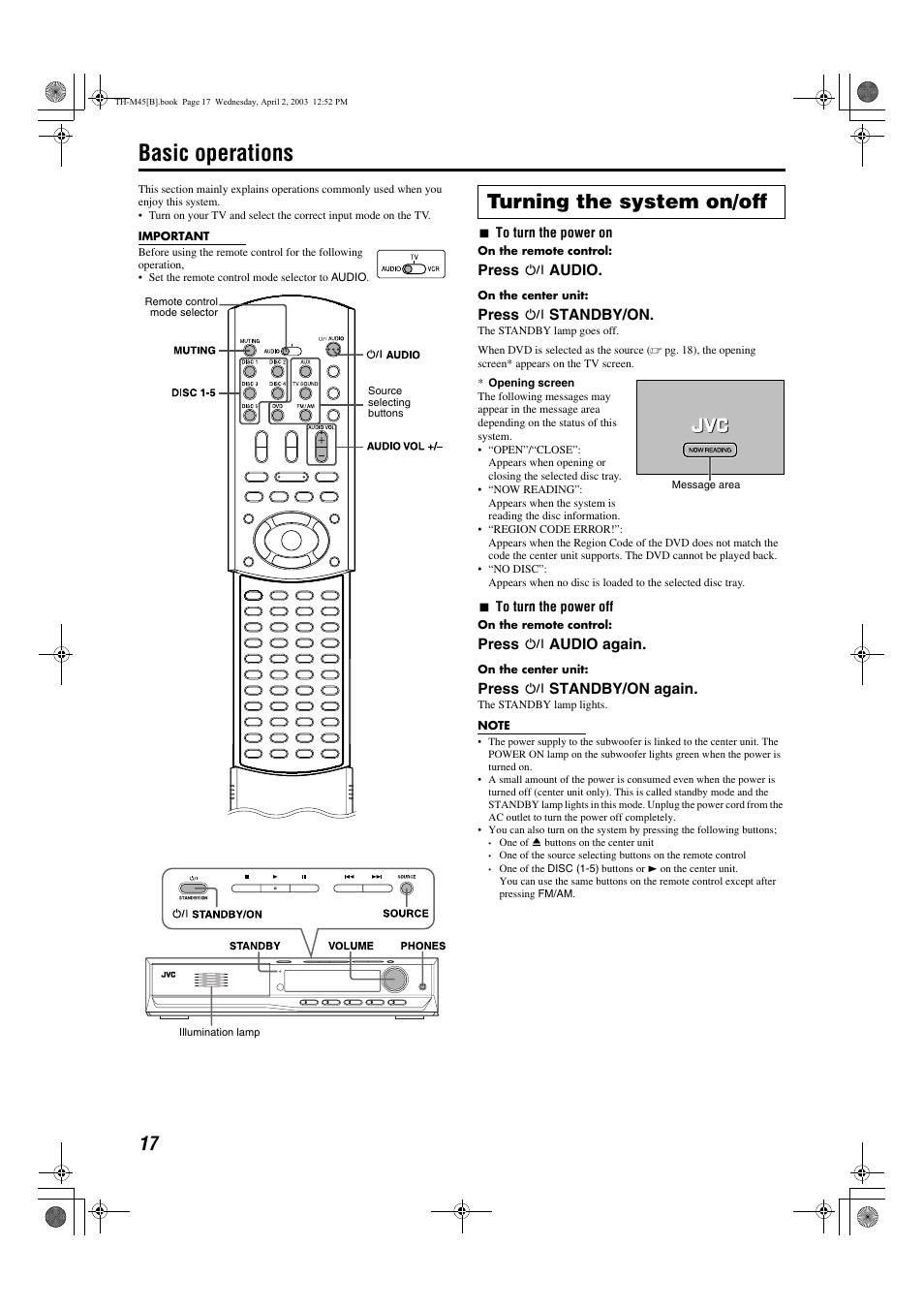 Basic operations, Turning the system on/off, A pg. 17 | JVC xv-thm45 User Manual | Page 22 / 68