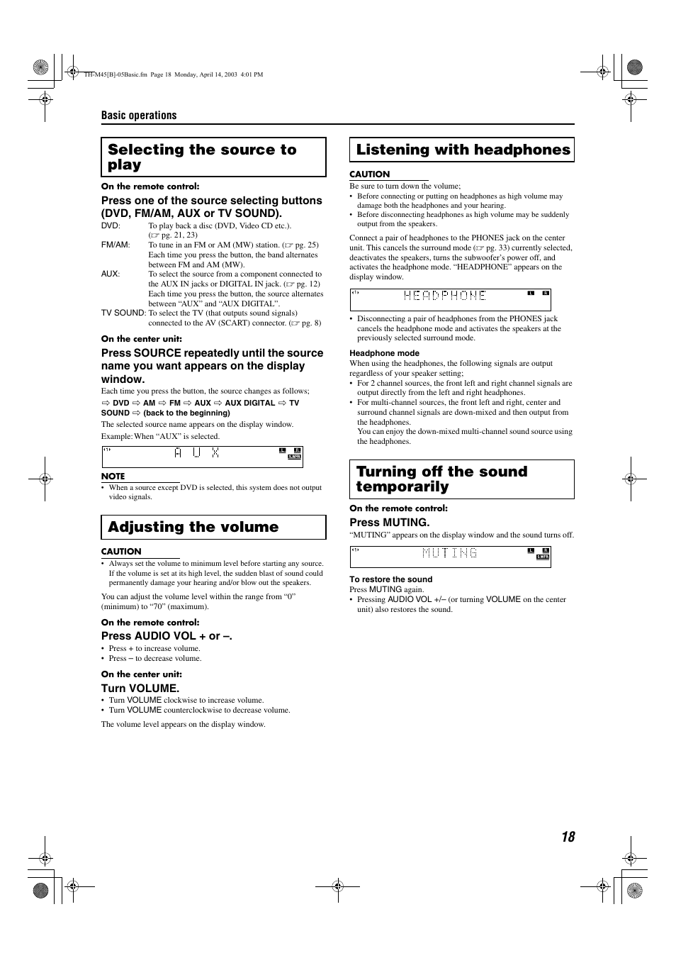 Selecting the source to play, Adjusting the volume, Listening with headphones | Turning off the sound temporarily, A pg. 18, Ones) | JVC xv-thm45 User Manual | Page 23 / 68