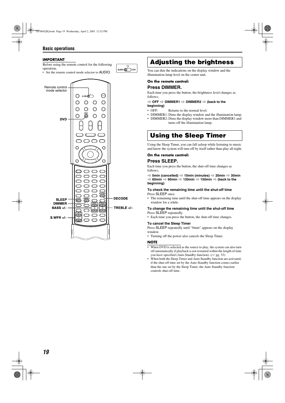 Adjusting the brightness, Using the sleep timer, A pg. 19 | Adjusting the brightness using the sleep timer | JVC xv-thm45 User Manual | Page 24 / 68