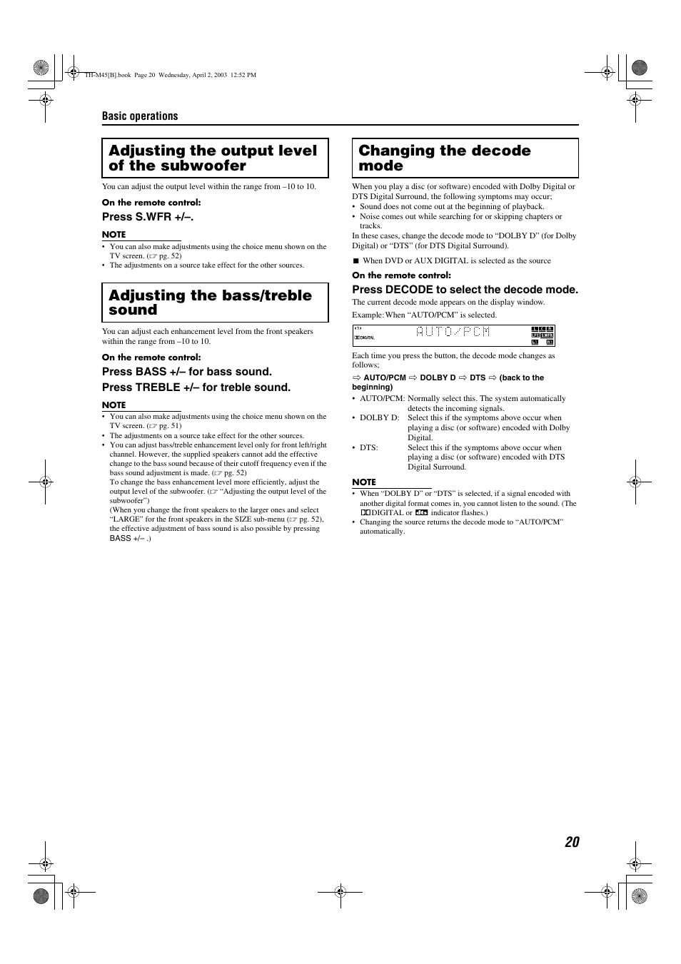 Adjusting the output level of the subwoofer, Adjusting the bass/treble sound, Changing the decode mode | A pg. 20, Decode) | JVC xv-thm45 User Manual | Page 25 / 68