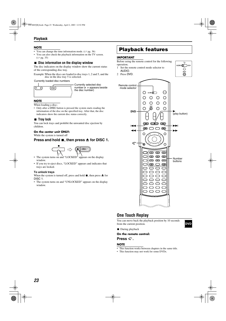 Playback features, Disc indicators, A pg. 23 | One touch replay | JVC xv-thm45 User Manual | Page 28 / 68