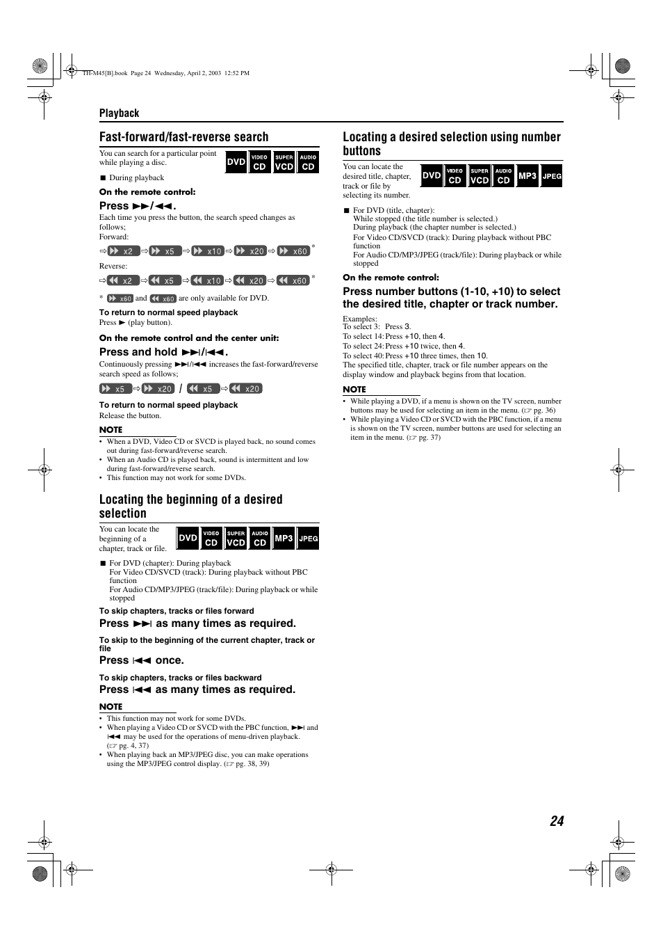 A pg. 24, Fast-forward/fast-reverse search, Locating the beginning of a desired selection | Locating a desired selection using number buttons | JVC xv-thm45 User Manual | Page 29 / 68