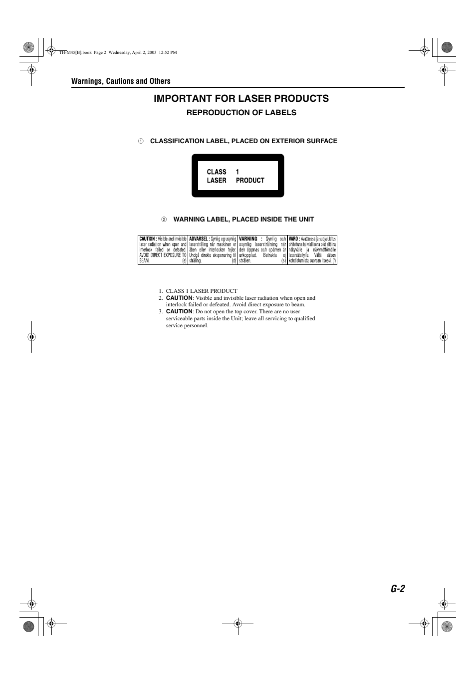 G-2 important for laser products | JVC xv-thm45 User Manual | Page 3 / 68