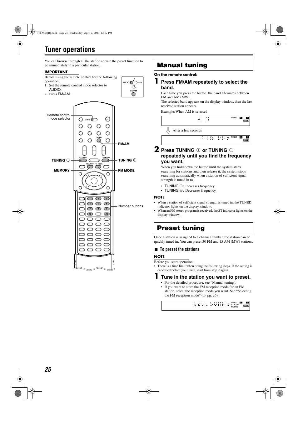 Tuner operations, Manual tuning, Preset tuning | Stereo indicator (st), A pg. 25, Ned), Station, A pg. 25), Manual tuning preset tuning | JVC xv-thm45 User Manual | Page 30 / 68