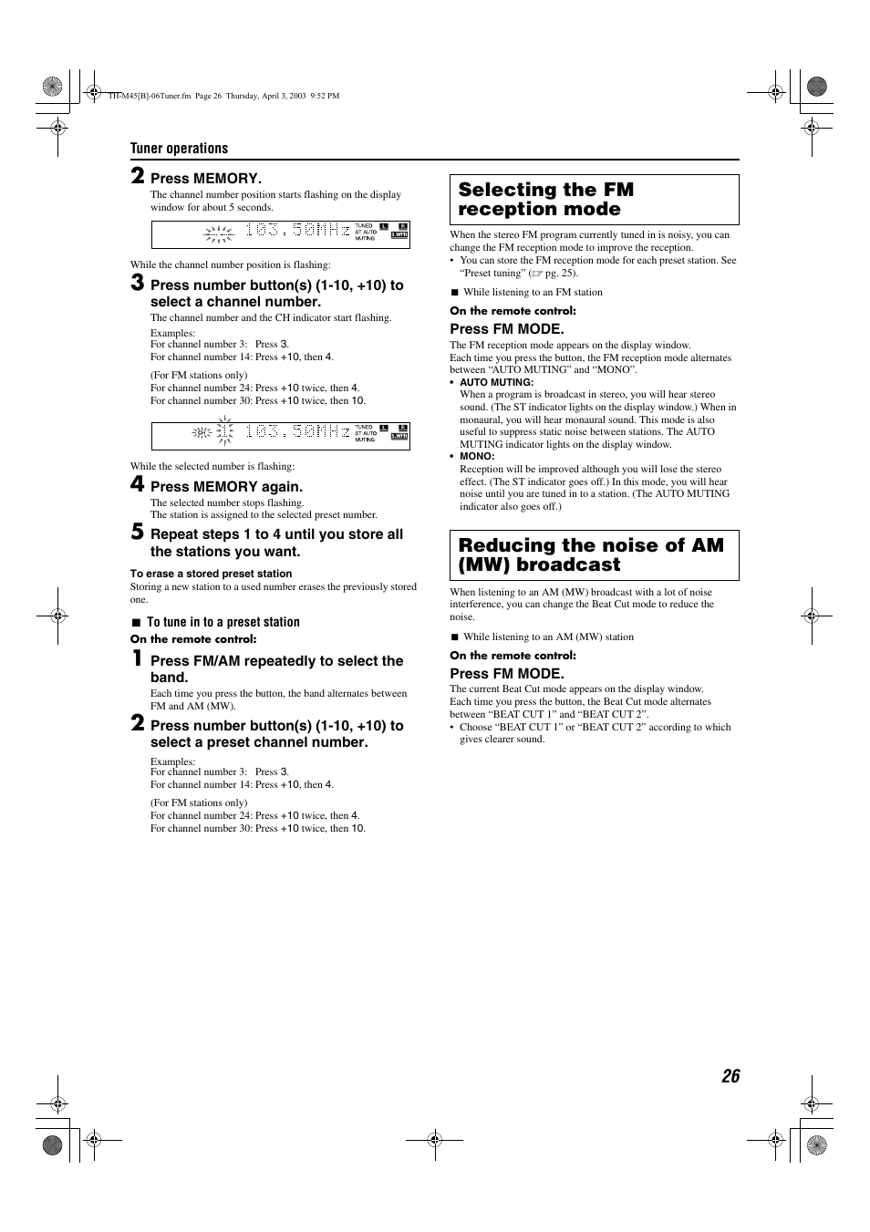 Selecting the fm reception mode, Reducing the noise of am (mw) broadcast, A pg. 26 | See “selecting the fm reception mode, A pg. 26) | JVC xv-thm45 User Manual | Page 31 / 68