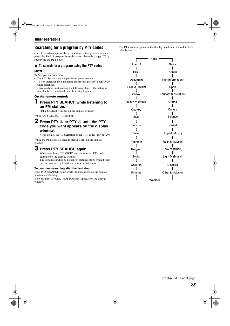 A pg. 28, Searching for a program by pty codes | JVC xv-thm45 User Manual | Page 33 / 68