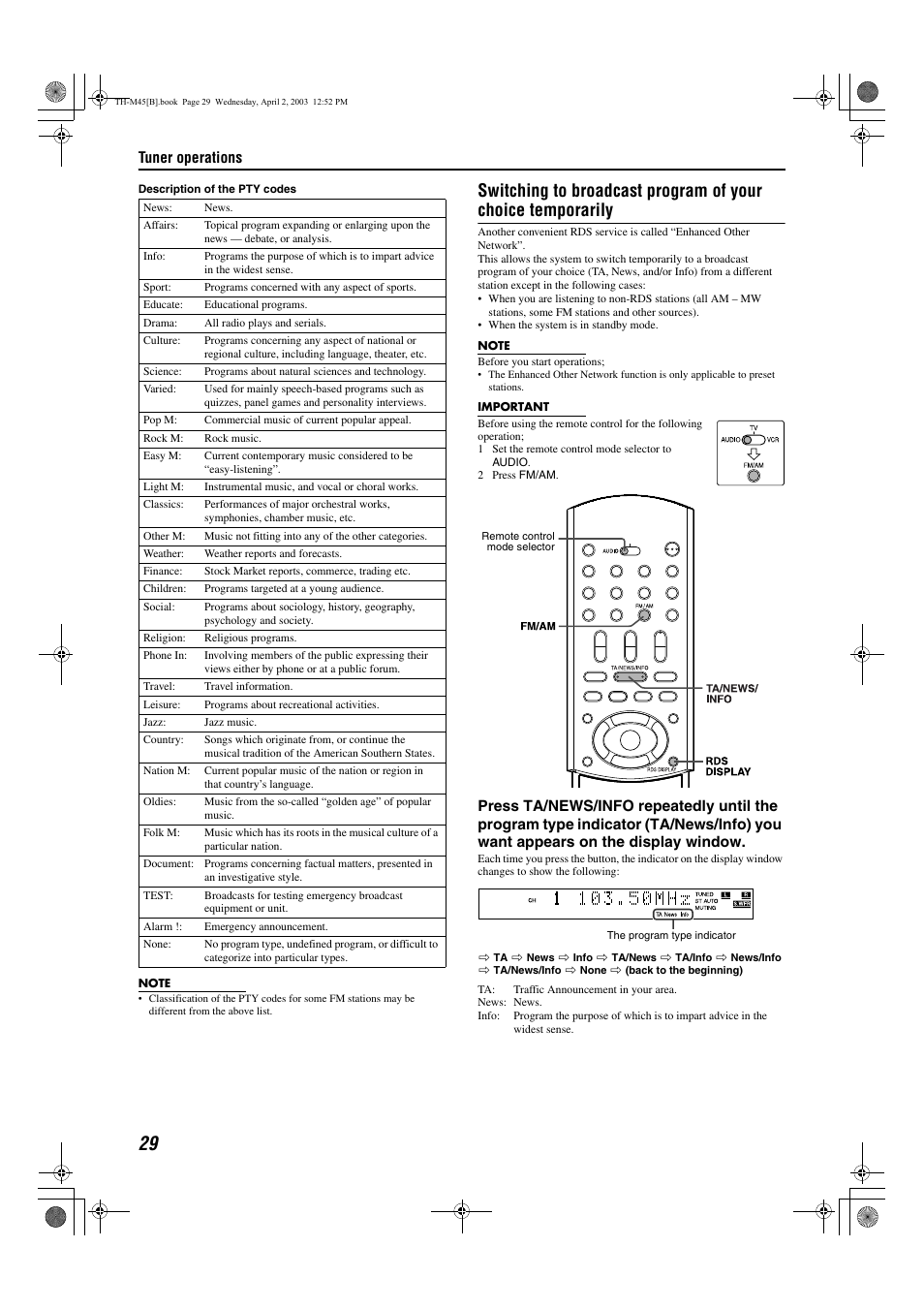 A pg. 29, Tuner operations | JVC xv-thm45 User Manual | Page 34 / 68