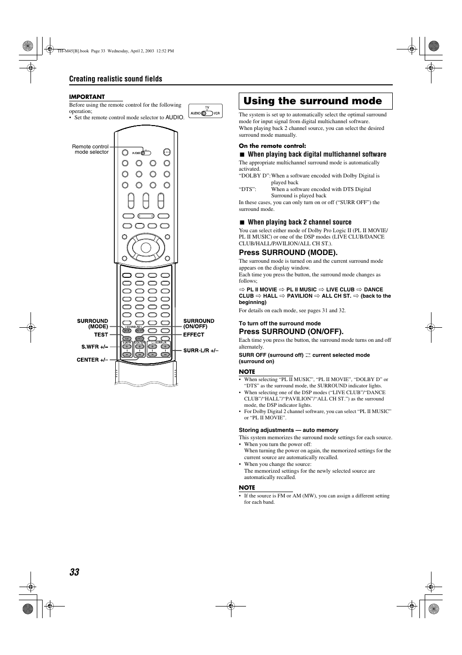 Using the surround mode, Und), A pg. 33 | Round mode, A pg. 33) curr | JVC xv-thm45 User Manual | Page 38 / 68