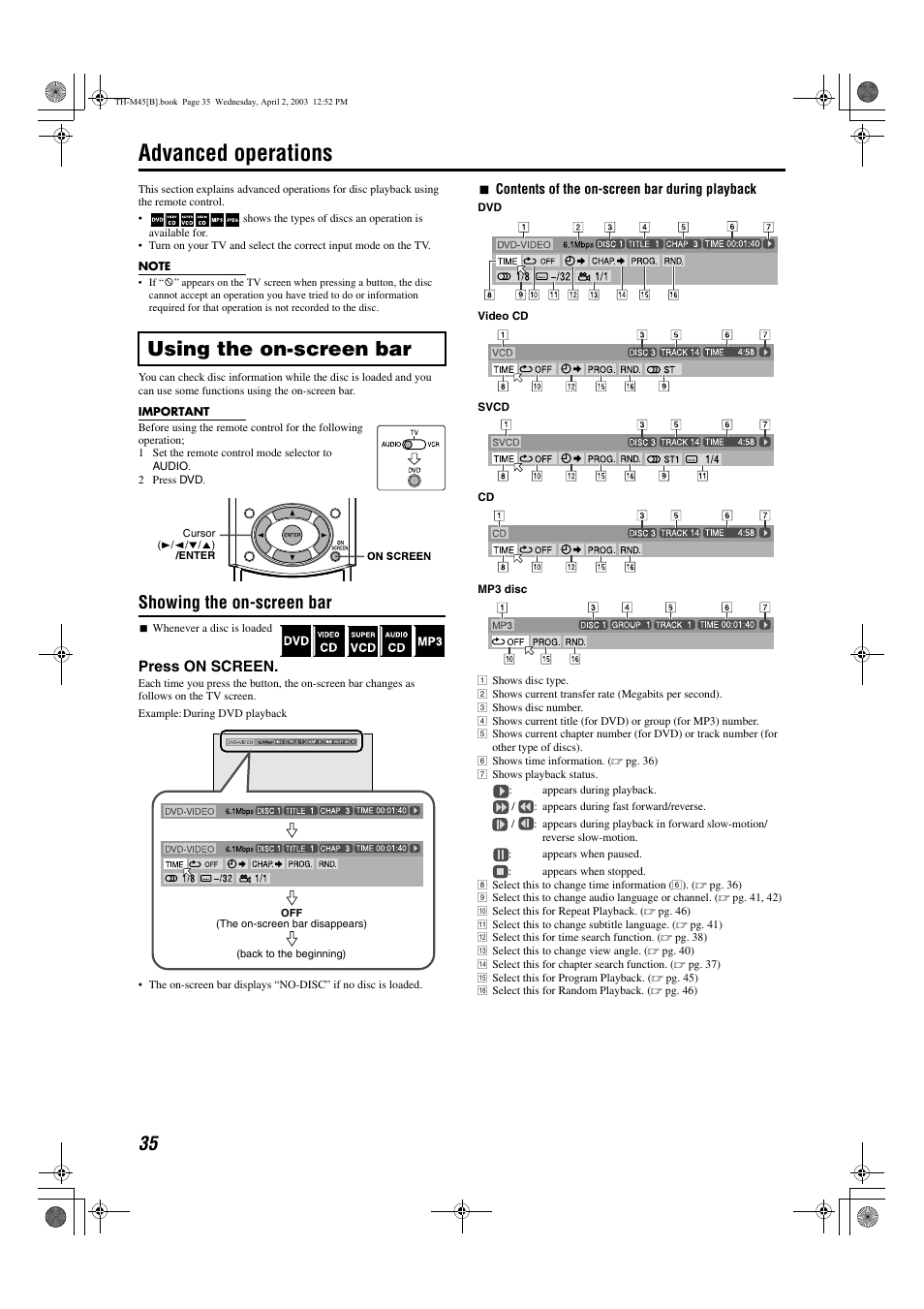 Advanced operations, Using the on-screen bar, A pg. 35 | A pg. 35), Showing the on-screen bar, Press on screen | JVC xv-thm45 User Manual | Page 40 / 68