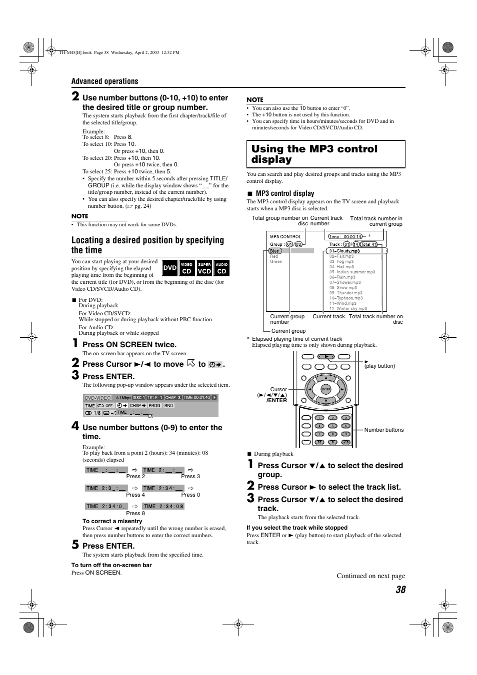 Using the mp3 control display, Ol display, A pg. 38) appears on the tv screen and | Display, A pg. 38, A pg. 38), Locating a desired position by specifying the time | JVC xv-thm45 User Manual | Page 43 / 68