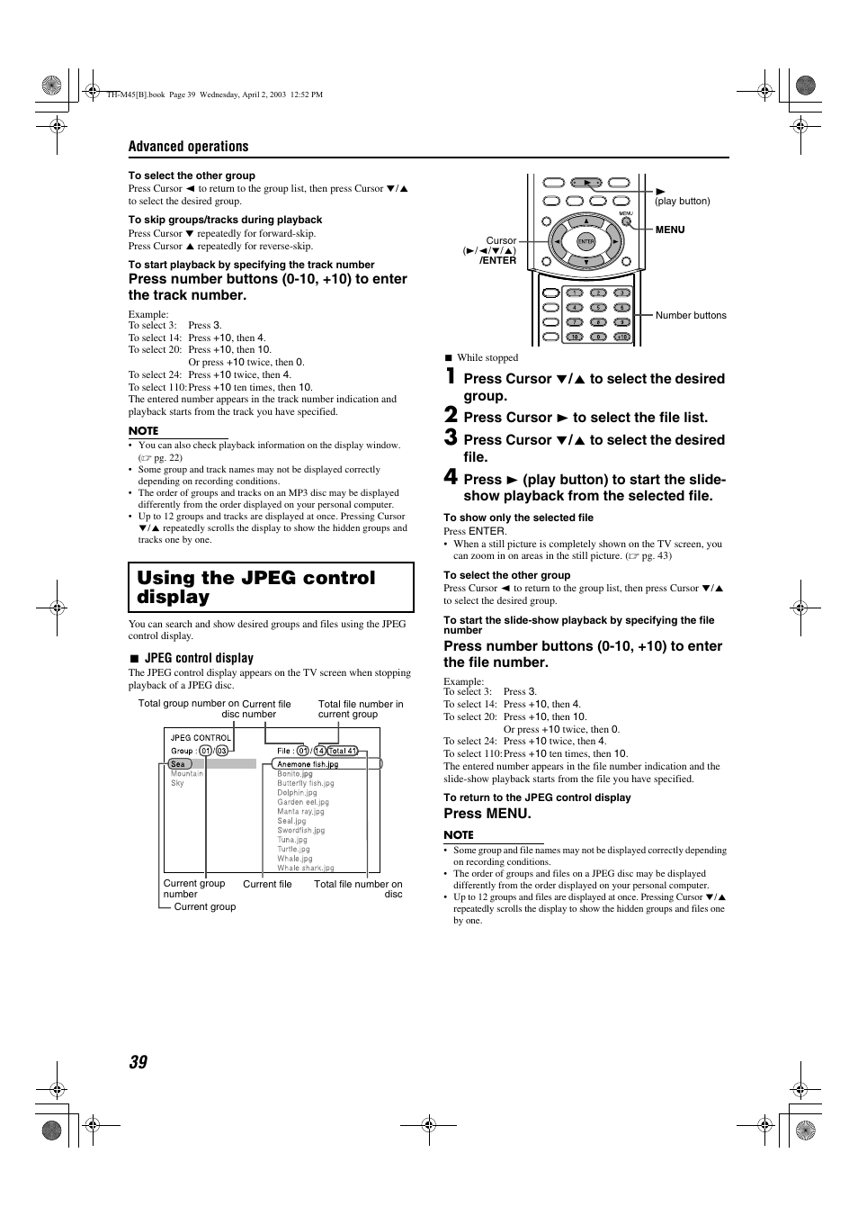 Using the jpeg control display, Splay, A pg. 39) appears on the | JVC xv-thm45 User Manual | Page 44 / 68