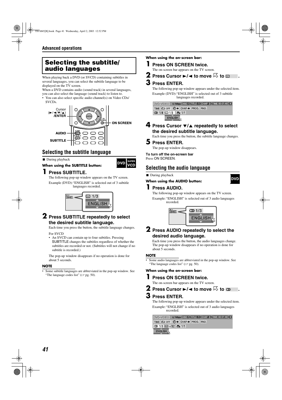 Selecting the subtitle/ audio languages, Udio), A pg. 41, 4 | A pg. 41, Annel, A pg. 41, 42), Btitle language, A pg. 41), Selecting the subtitle language, Selecting the audio language | JVC xv-thm45 User Manual | Page 46 / 68