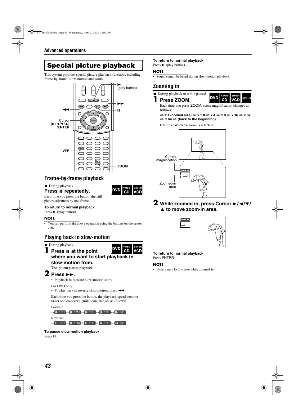 Special picture playback, N (zoom), A pg. 43 | A pg. 43), Frame-by-frame playback, Playing back in slow-motion, Zooming in | JVC xv-thm45 User Manual | Page 48 / 68