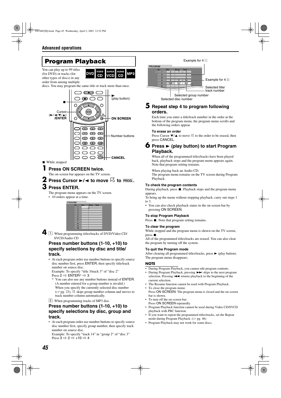 Program playback, A pg. 45, A pg. 45) | JVC xv-thm45 User Manual | Page 50 / 68
